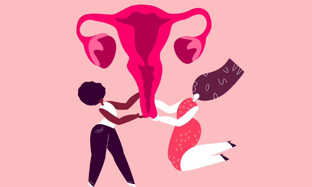 An illustration of a uterus in the menstrual cycle with two women at the bottom holding it up, done in pink.